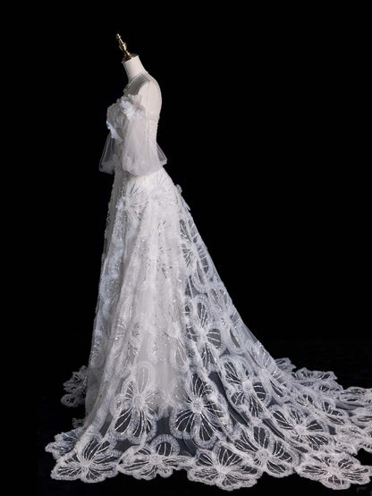 Princess Ball Gown Off The Shoulder Tulle With Sleeves White Lace Wedding Dress Fairytale Boho Summer Bridal Dresses N557