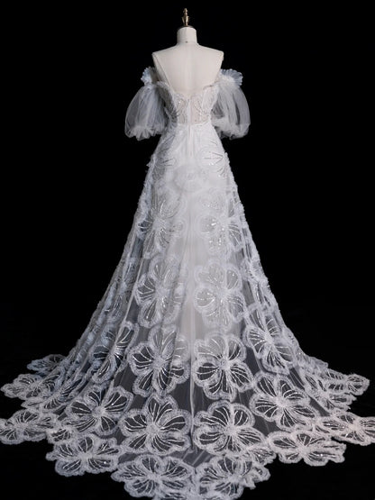 Princess Ball Gown Off The Shoulder Tulle With Sleeves White Lace Wedding Dress Fairytale Boho Summer Bridal Dresses N557