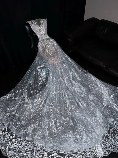 Princess Mermaid Scoop Silver Sequined With Sleeves Wedding Dress Fairytale Boho Summer Sparkly Bridal Dresses N558