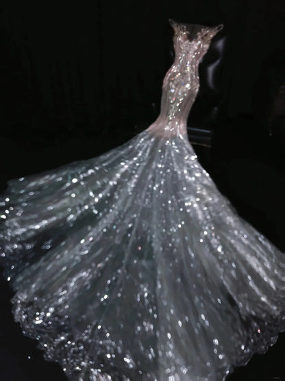Princess Mermaid Scoop Silver Sequined With Sleeves Wedding Dress Fairytale Boho Summer Sparkly Bridal Dresses N558