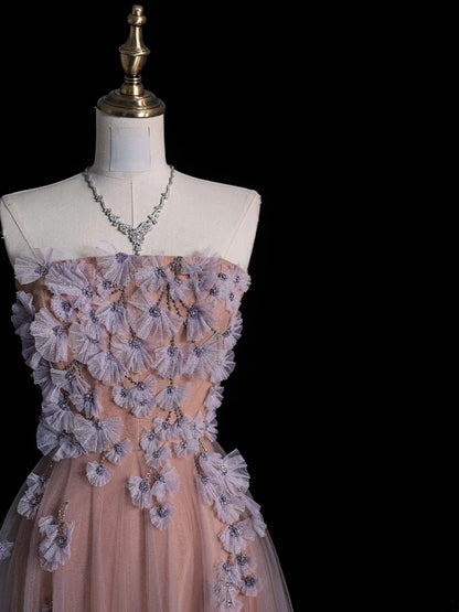 Cute A Line Strapless Pink Tulle Appliqued Long Prom Dress Evening Outfits Formal Dress N548
