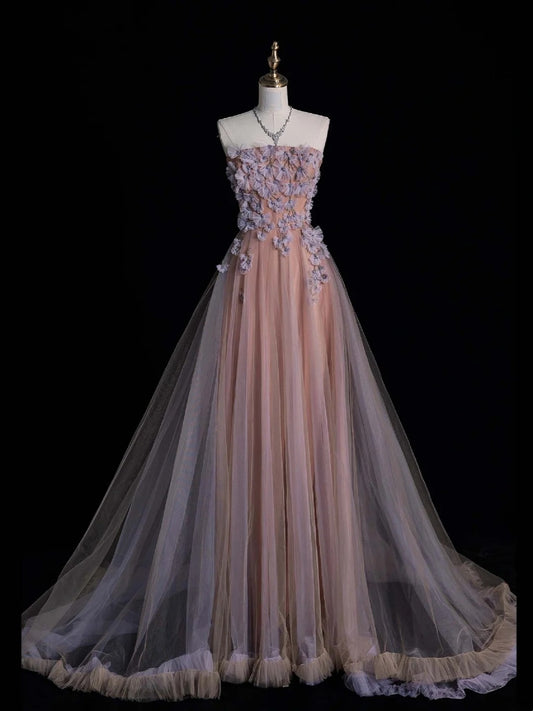 Cute A Line Strapless Pink Tulle Appliqued Long Prom Dress Evening Outfits Formal Dress N548