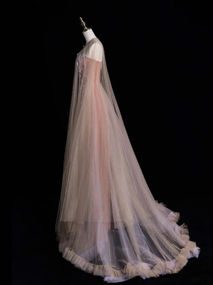 Cute A Line Strapless Pink Tulle Appliqued Long Prom Dress Evening Outfits Formal Dress N548
