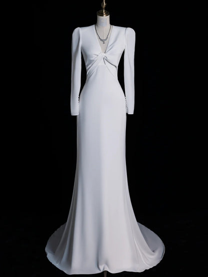 Simple Mermaid V Neckline Satin Long Sleeves White Satin Wedding Dress Fairytale Autumn Bridal Dresses N549