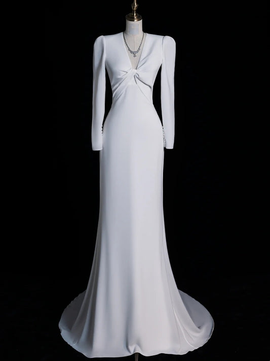 Simple Mermaid V Neckline Satin Long Sleeves White Satin Wedding Dress Fairytale Autumn Bridal Dresses N549