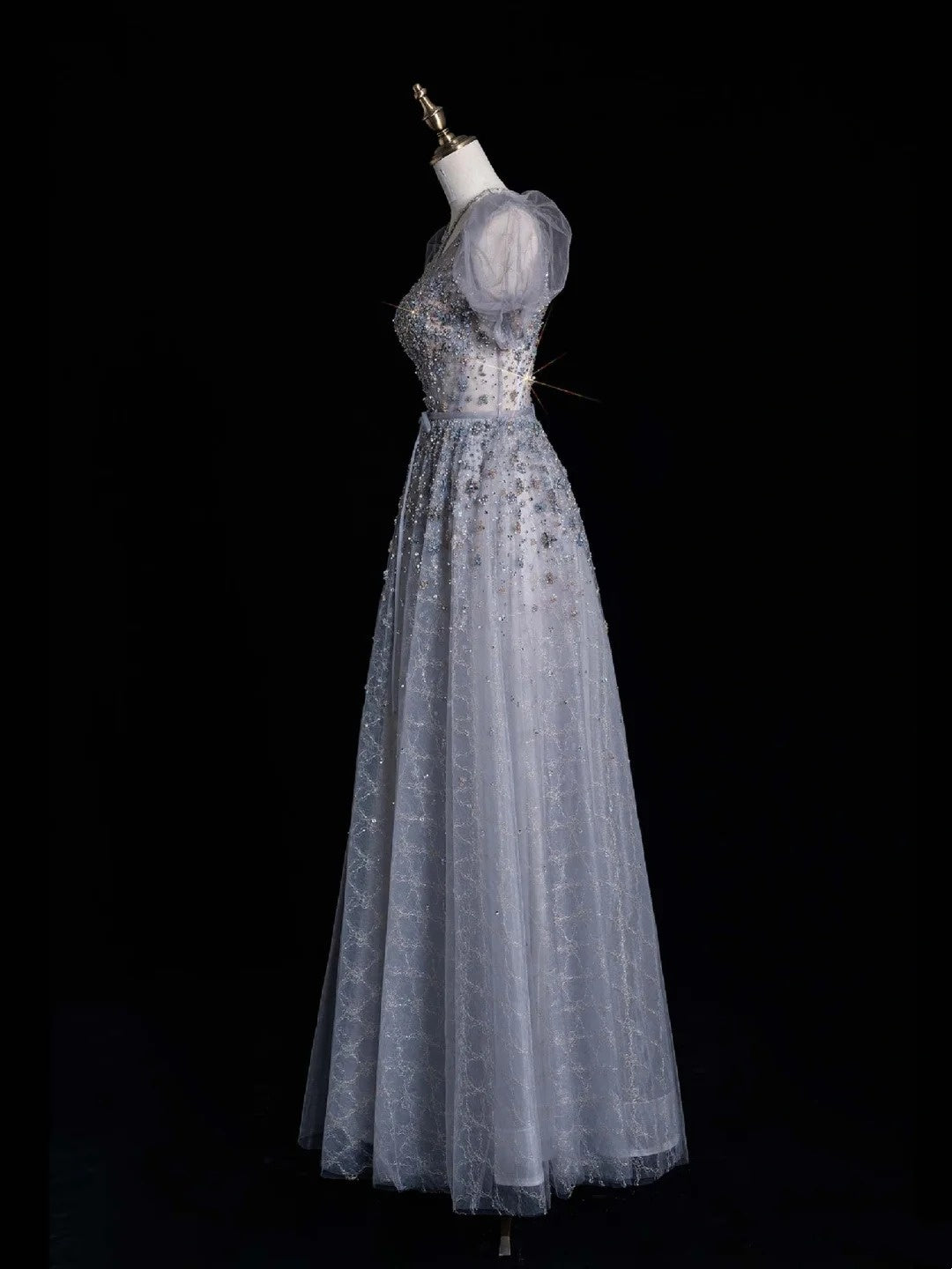 Modest Ball Gown Scoop Silver Gray Tulle Long Short Sleeves Prom Dresses For High School People Girls Formal Bridesmaid Dress N1037