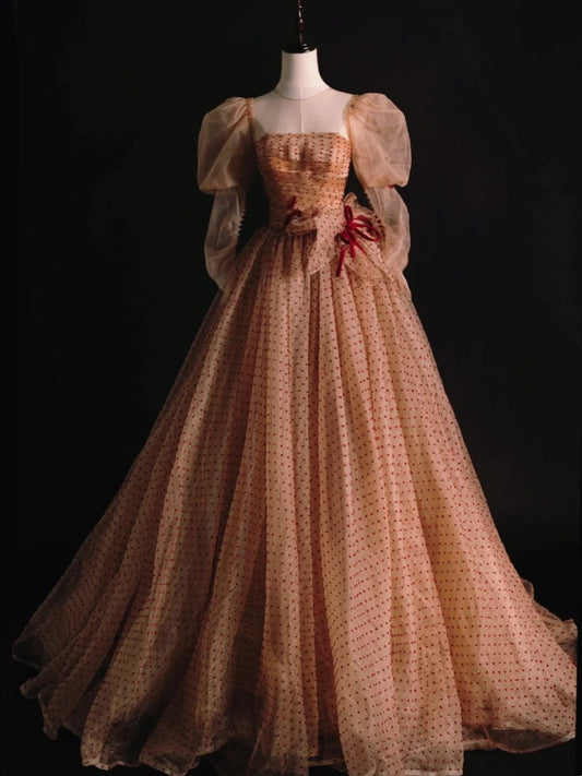 Modest Ball Gown Strapless Tulle Polka Dots Long Sleeves Prom Dresses For High School People Girls Formal Bridesmaid Dress N1036