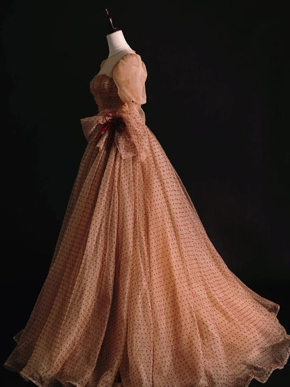 Modest Ball Gown Strapless Tulle Polka Dots Long Sleeves Prom Dresses For High School People Girls Formal Bridesmaid Dress N1036
