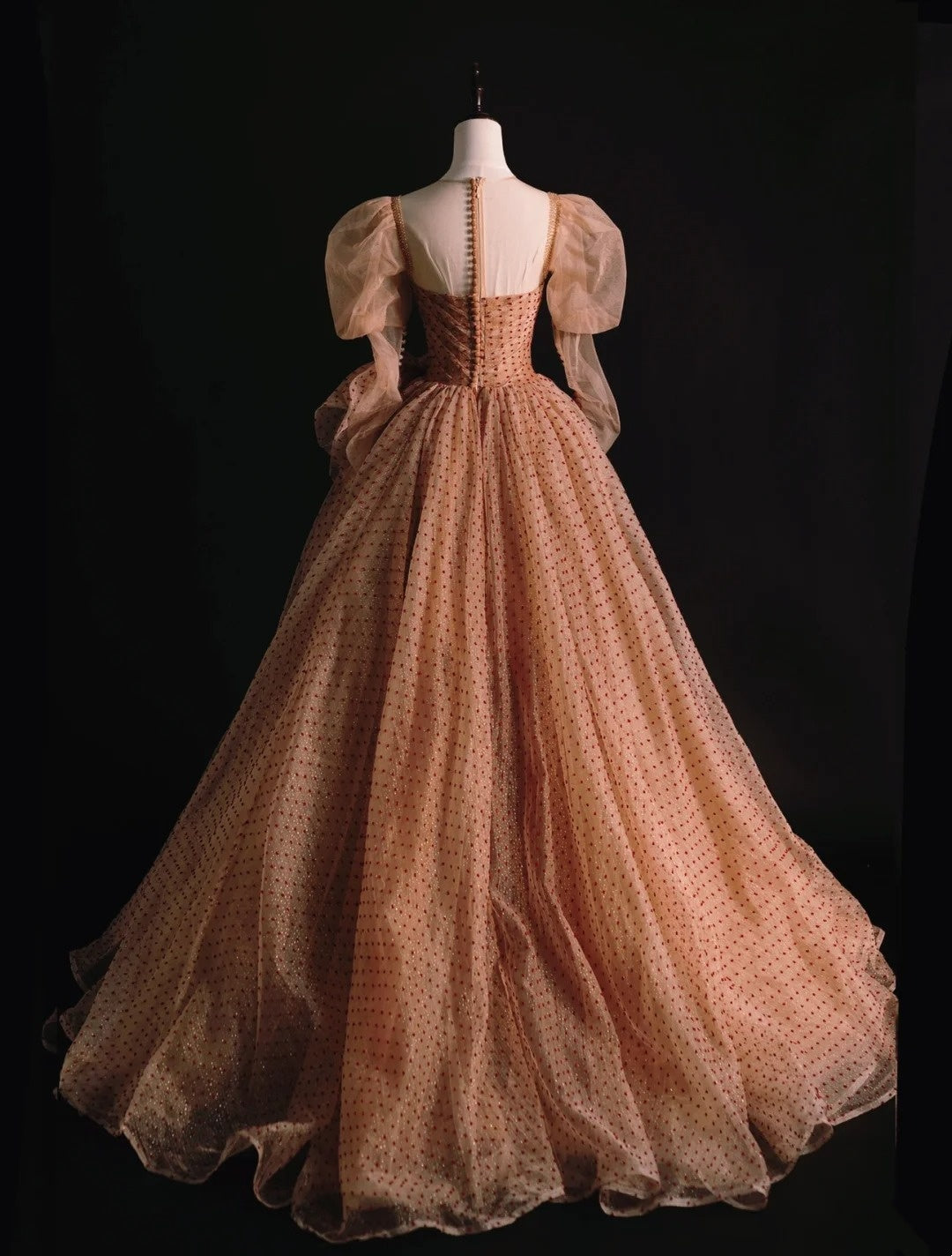 Modest Ball Gown Strapless Tulle Polka Dots Long Sleeves Prom Dresses For High School People Girls Formal Bridesmaid Dress N1036
