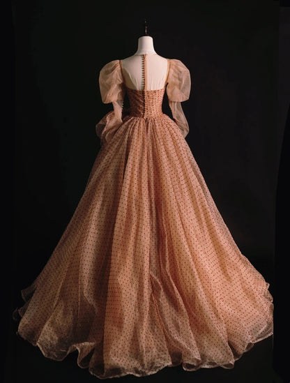 Modest Ball Gown Strapless Tulle Polka Dots Long Sleeves Prom Dresses For High School People Girls Formal Bridesmaid Dress N1036