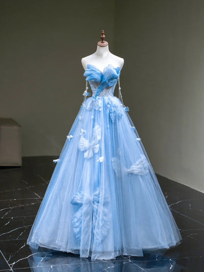 Cute Ball Gown Sweetheart Blue Tulle Long Sleeveless Prom Dresses For High School People Girls Formal Evening Dress N1038