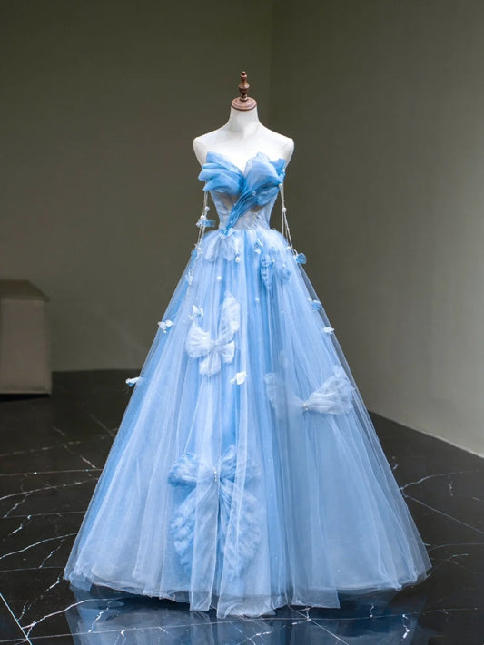 Cute Ball Gown Sweetheart Blue Tulle Long Sleeveless Prom Dresses For High School People Girls Formal Evening Dress N1038
