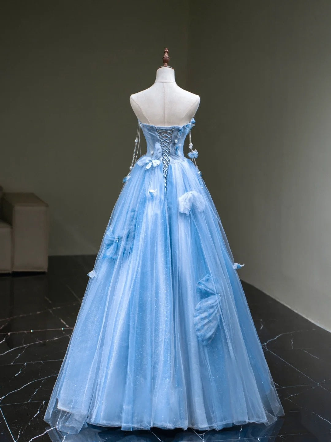 Cute Ball Gown Sweetheart Blue Tulle Long Sleeveless Prom Dresses For High School People Girls Formal Evening Dress N1038
