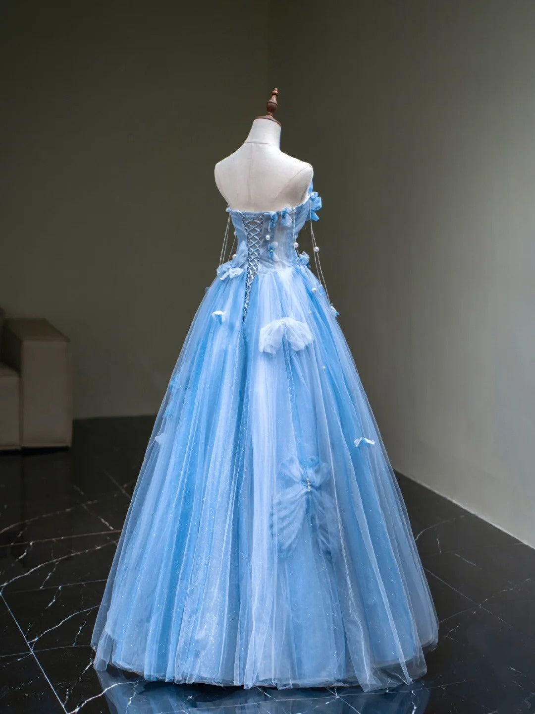 Cute Ball Gown Sweetheart Blue Tulle Long Sleeveless Prom Dresses For High School People Girls Formal Evening Dress N1038