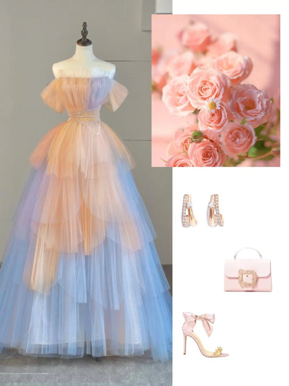 Cute Ball Gown Strapless Pink Blue Tulle Long Prom Dresses For High School People Girls Formal Evening Dress N1039