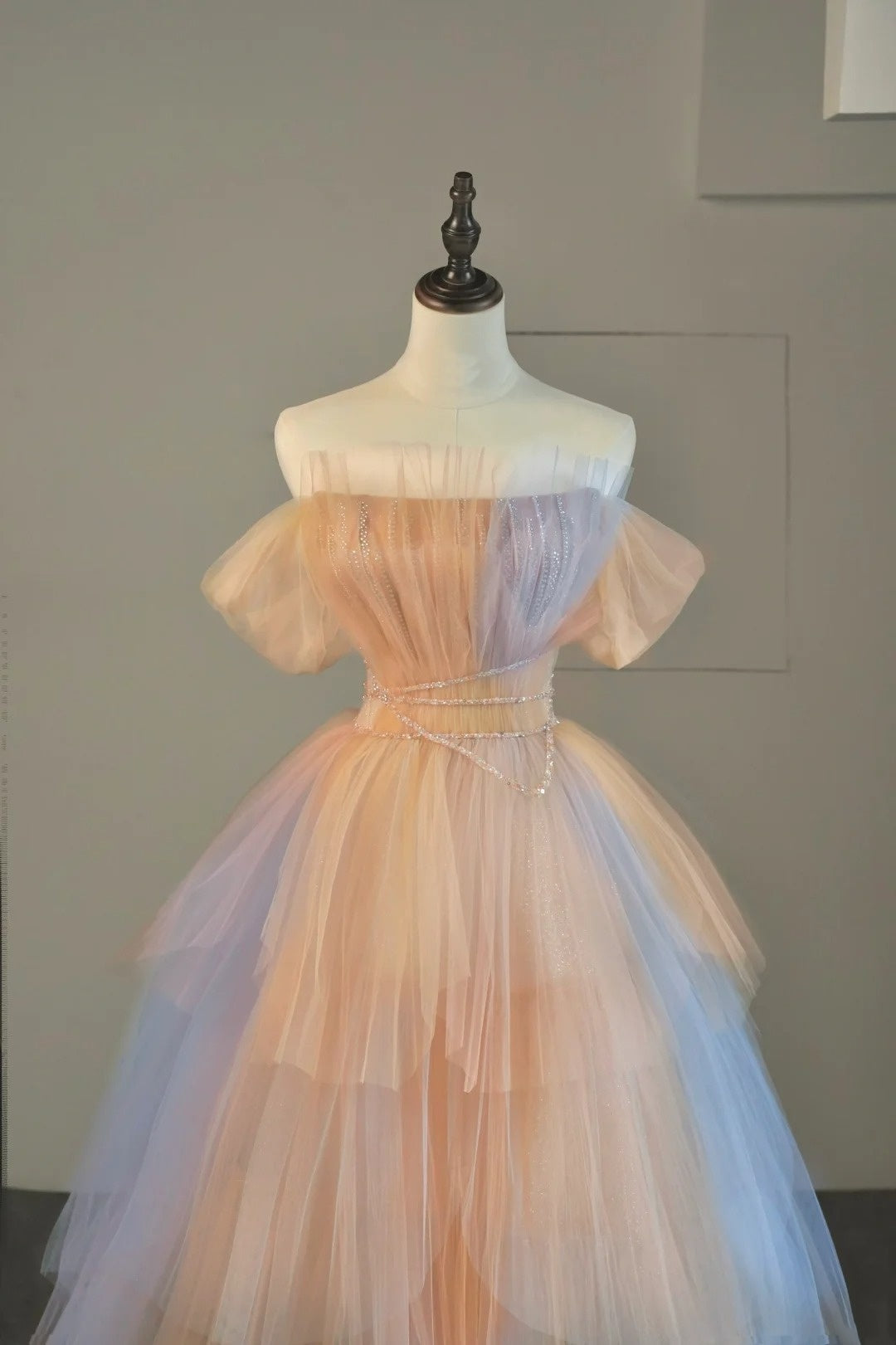Cute Ball Gown Strapless Pink Blue Tulle Long Prom Dresses For High School People Girls Formal Evening Dress N1039