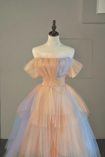 Cute Ball Gown Strapless Pink Blue Tulle Long Prom Dresses For High School People Girls Formal Evening Dress N1039