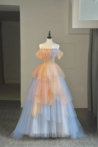 Cute Ball Gown Strapless Pink Blue Tulle Long Prom Dresses For High School People Girls Formal Evening Dress N1039