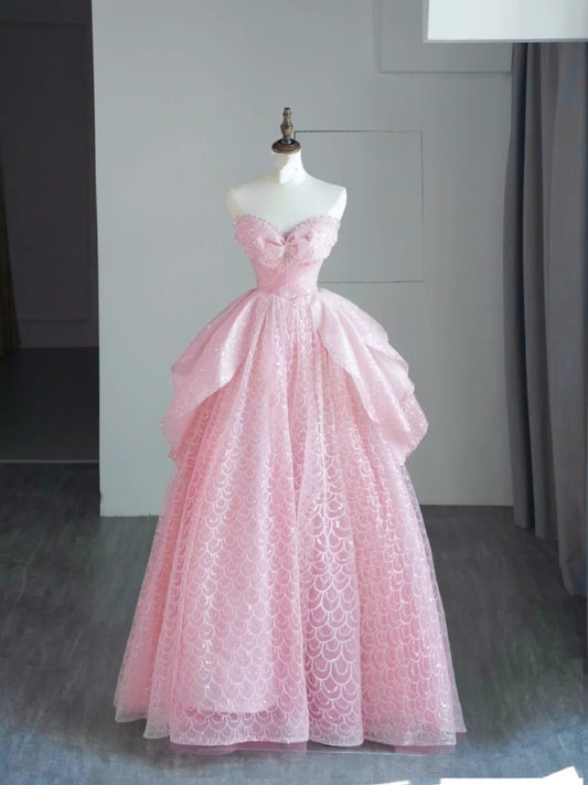 Modest Ball Gown Sweetheart Tulle Pink Long Prom Dresses For High School People Girls Formal Bridesmaid Dress N1040
