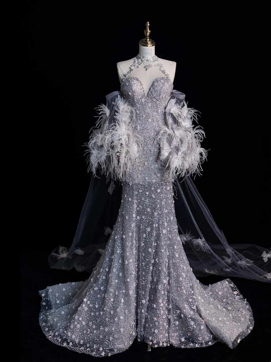 Charming Mermaid High Neck Silver Grey With Feathers Cape Sequins Long Prom Dresses Evening Outfits Formal Dress N1042