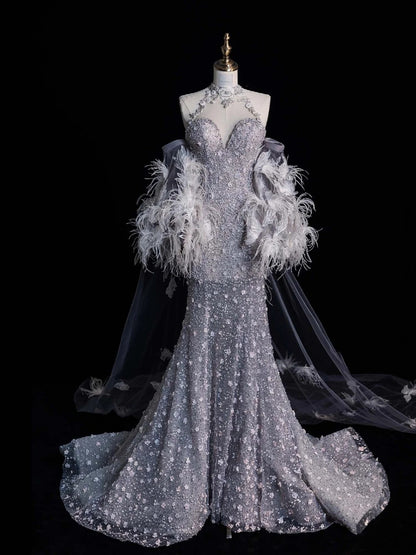 Charming Mermaid High Neck Silver Grey With Feathers Cape Sequins Long Prom Dresses Evening Outfits Formal Dress N1042