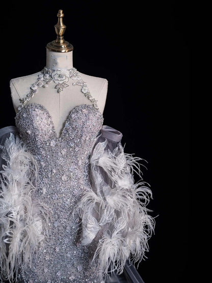 Charming Mermaid High Neck Silver Grey With Feathers Cape Sequins Long Prom Dresses Evening Outfits Formal Dress N1042