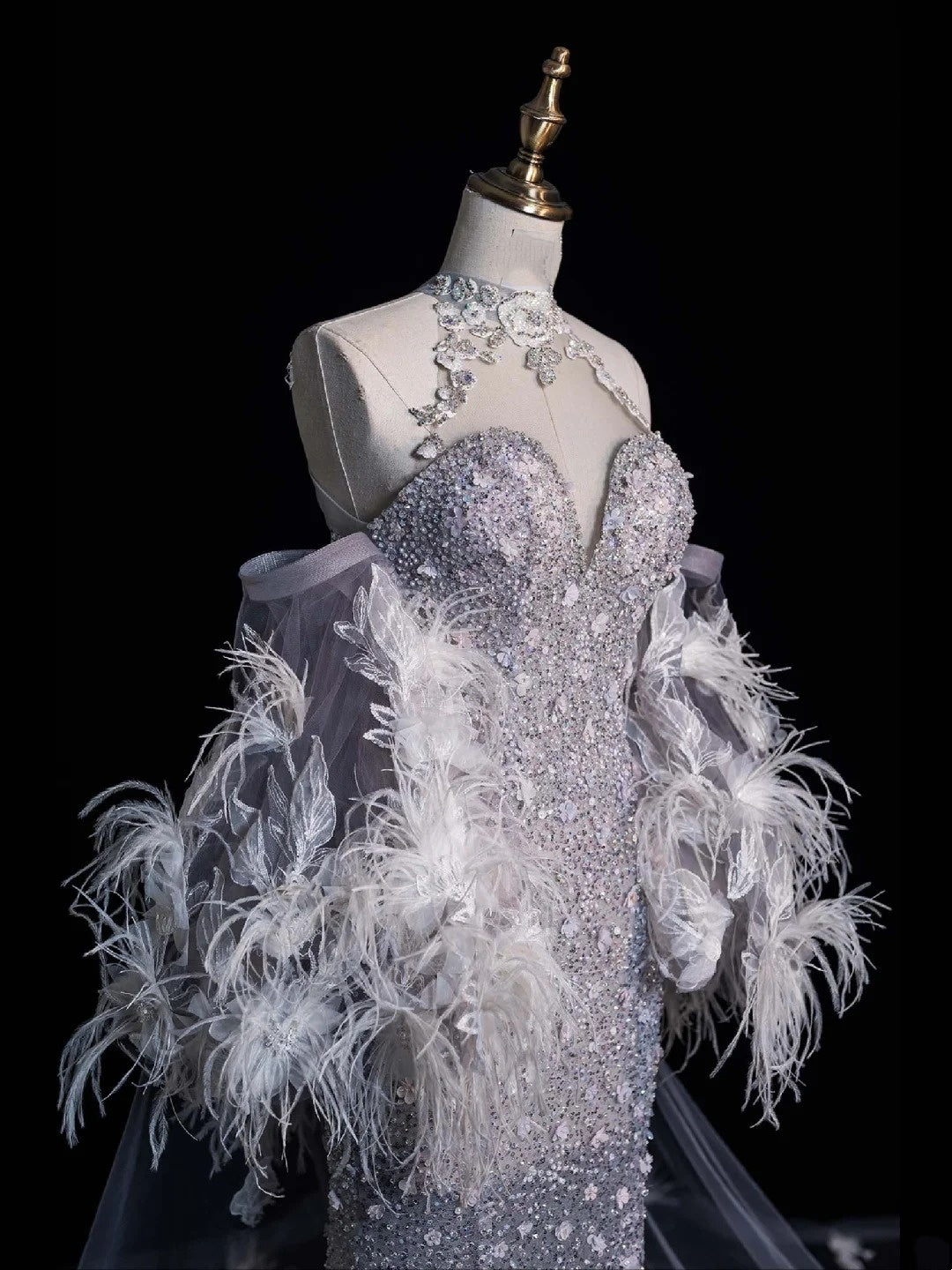 Charming Mermaid High Neck Silver Grey With Feathers Cape Sequins Long Prom Dresses Evening Outfits Formal Dress N1042