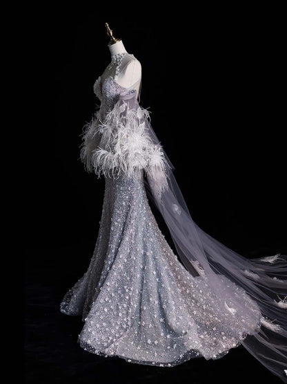 Charming Mermaid High Neck Silver Grey With Feathers Cape Sequins Long Prom Dresses Evening Outfits Formal Dress N1042