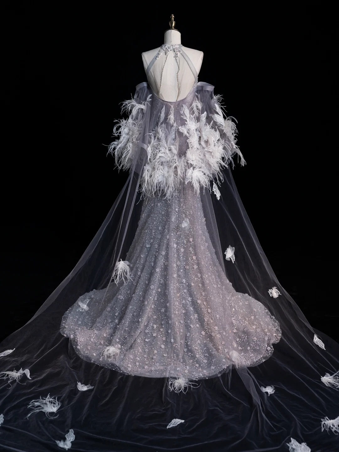 Charming Mermaid High Neck Silver Grey With Feathers Cape Sequins Long Prom Dresses Evening Outfits Formal Dress N1042