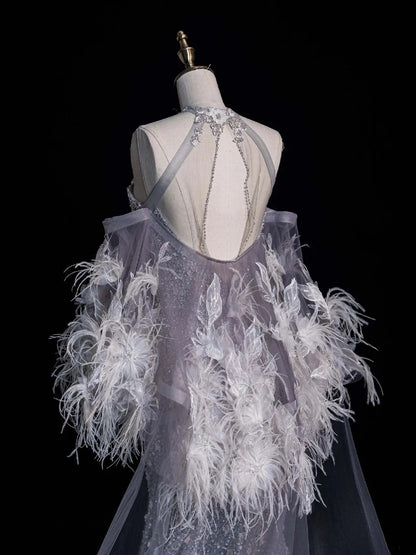 Charming Mermaid High Neck Silver Grey With Feathers Cape Sequins Long Prom Dresses Evening Outfits Formal Dress N1042