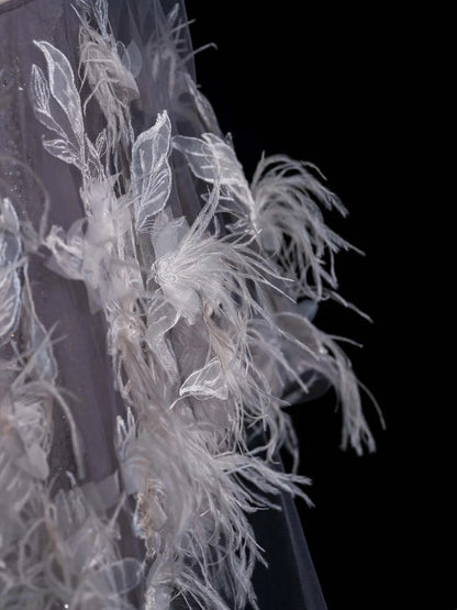 Charming Mermaid High Neck Silver Grey With Feathers Cape Sequins Long Prom Dresses Evening Outfits Formal Dress N1042