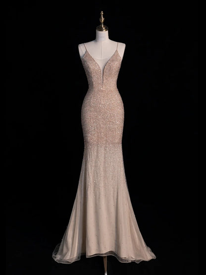 Charming Mermaid Spaghetti Strap Pink With Cape Sequins Long Prom Dresses Evening Outfits Formal Dress N1043