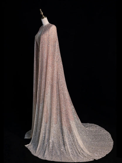 Charming Mermaid Spaghetti Strap Pink With Cape Sequins Long Prom Dresses Evening Outfits Formal Dress N1043