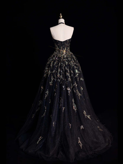 Modest Ball Gown Sweetheart Black Tulle Lace Long Prom Dresses For High School People Girls Formal Bridesmaid Dress N1035