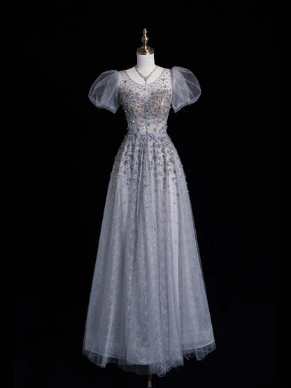 Modest Ball Gown Scoop Silver Gray Tulle Long Short Sleeves Prom Dresses For High School People Girls Formal Bridesmaid Dress N1037