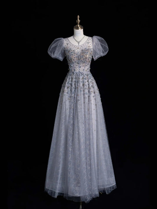 Modest Ball Gown Scoop Silver Gray Tulle Long Short Sleeves Prom Dresses For High School People Girls Formal Bridesmaid Dress N1037