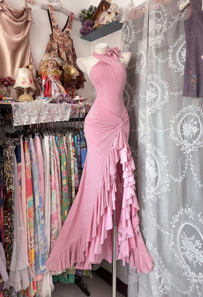 Charming Mermaid High Neck Pink With Ruffles Sequins Long Prom Dresses Evening Outfits Formal Dress N1044