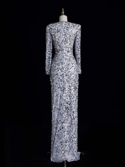 Charming Mermaid V Neck Silver Gray With Ruch Sequins Long Prom Dresses Evening Outfits Formal Dress N1045