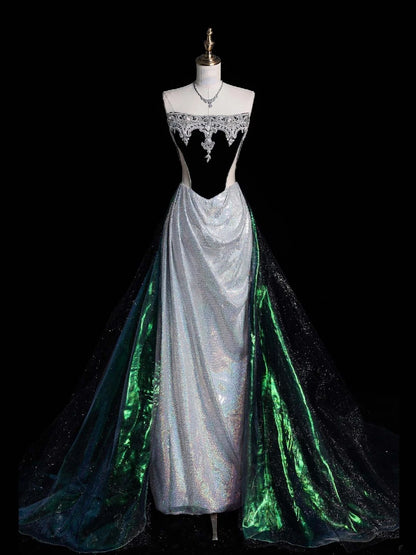Charming Mermaid Strapless Silver Gray With Beaded Long Prom Dresses Evening Outfits Formal Dress N1046