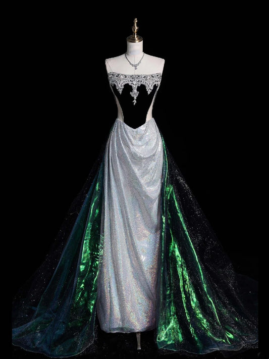 Charming Mermaid Strapless Silver Gray With Beaded Long Prom Dresses Evening Outfits Formal Dress N1046