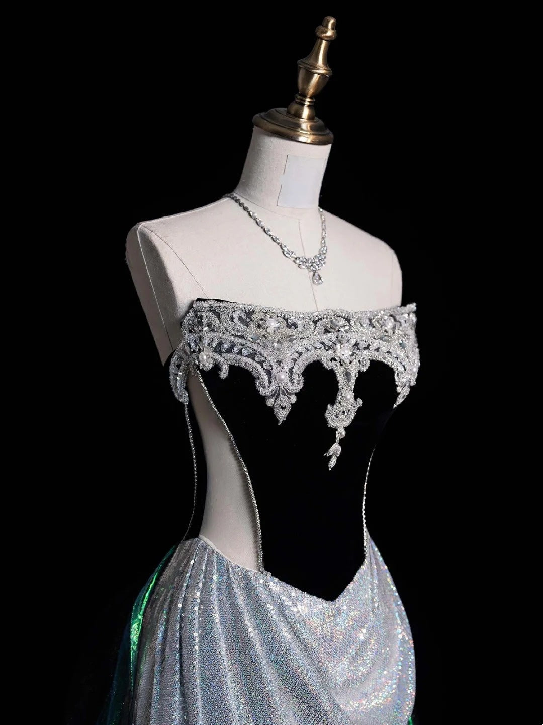Charming Mermaid Strapless Silver Gray With Beaded Long Prom Dresses Evening Outfits Formal Dress N1046