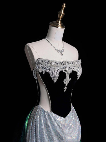 Charming Mermaid Strapless Silver Gray With Beaded Long Prom Dresses Evening Outfits Formal Dress N1046