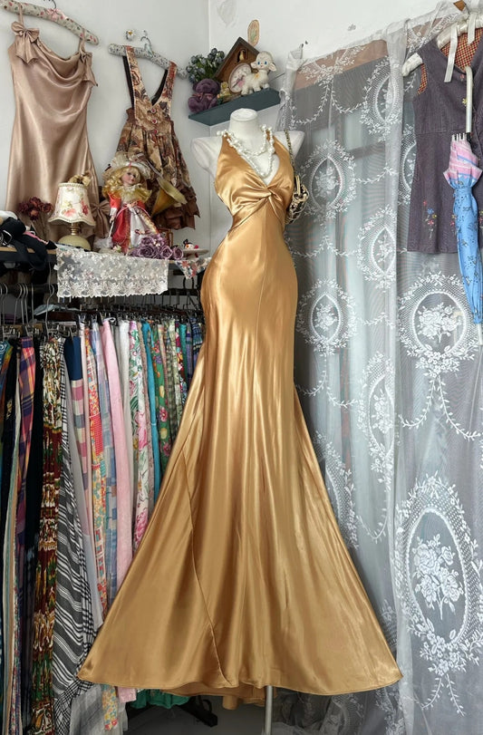 Elegant Mermaid V Neck Gold Backless Satin Long Prom Dresses For Teens Evening Outfits Formal Dress N1047