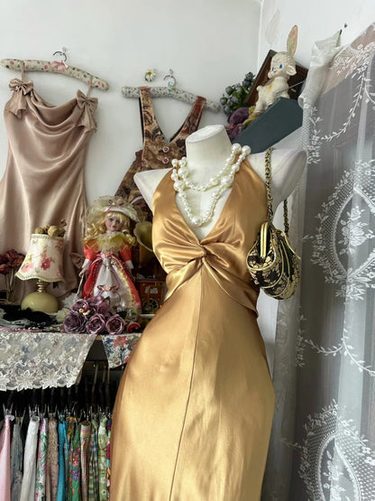 Elegant Mermaid V Neck Gold Backless Satin Long Prom Dresses For Teens Evening Outfits Formal Dress N1047