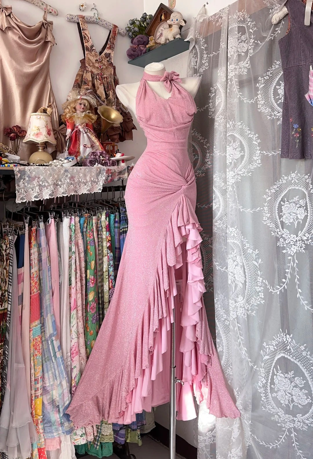 Charming Mermaid High Neck Pink With Ruffles Sequins Long Prom Dresses Evening Outfits Formal Dress N1044