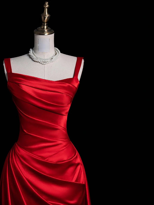 Unique Mermaid Square Neck Red Satin Long Prom Dresses Evening Outfits Formal Dress N1051