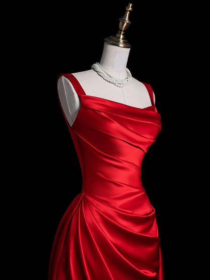 Unique Mermaid Square Neck Red Satin Long Prom Dresses Evening Outfits Formal Dress N1051