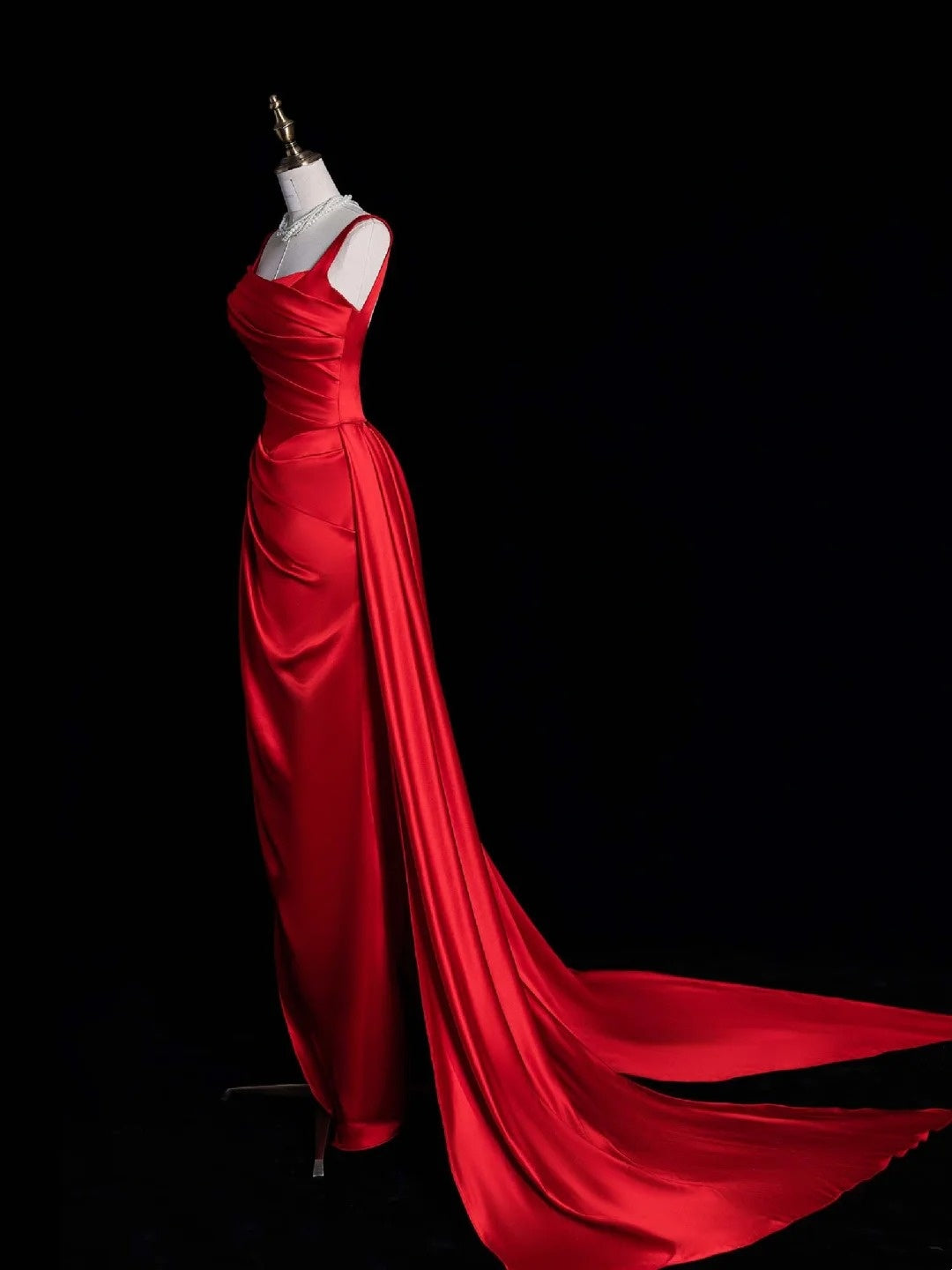 Unique Mermaid Square Neck Red Satin Long Prom Dresses Evening Outfits Formal Dress N1051