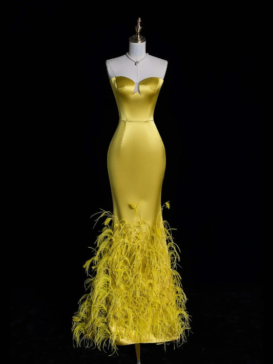 Unique Mermaid Sweetheart Gold With Feathers Satin Long Prom Dresses Evening Outfits Formal Dress N1052