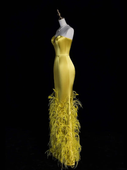 Unique Mermaid Sweetheart Gold With Feathers Satin Long Prom Dresses Evening Outfits Formal Dress N1052